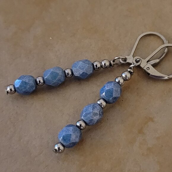 Denim Blue Czech Crystal Earrings Firepolished Stainless Leverback Earwires - Picture 5 of 6